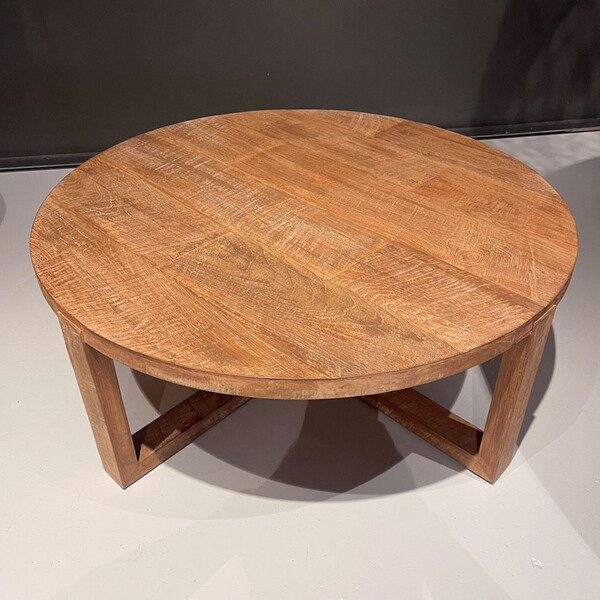 Ronde salontafel met opbergruimte • Kleine salontafel voor woonkamer • Lage salontafel van hout • Ronde salontafel met lamellen uit het midden van de eeuw, modern - Nederland